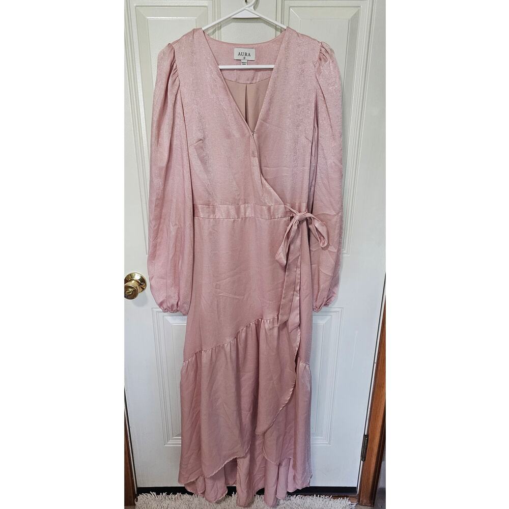 Aura Dusty Pink Satin Long Sleeve Ruffle Wrap Maxi Dress - Size S